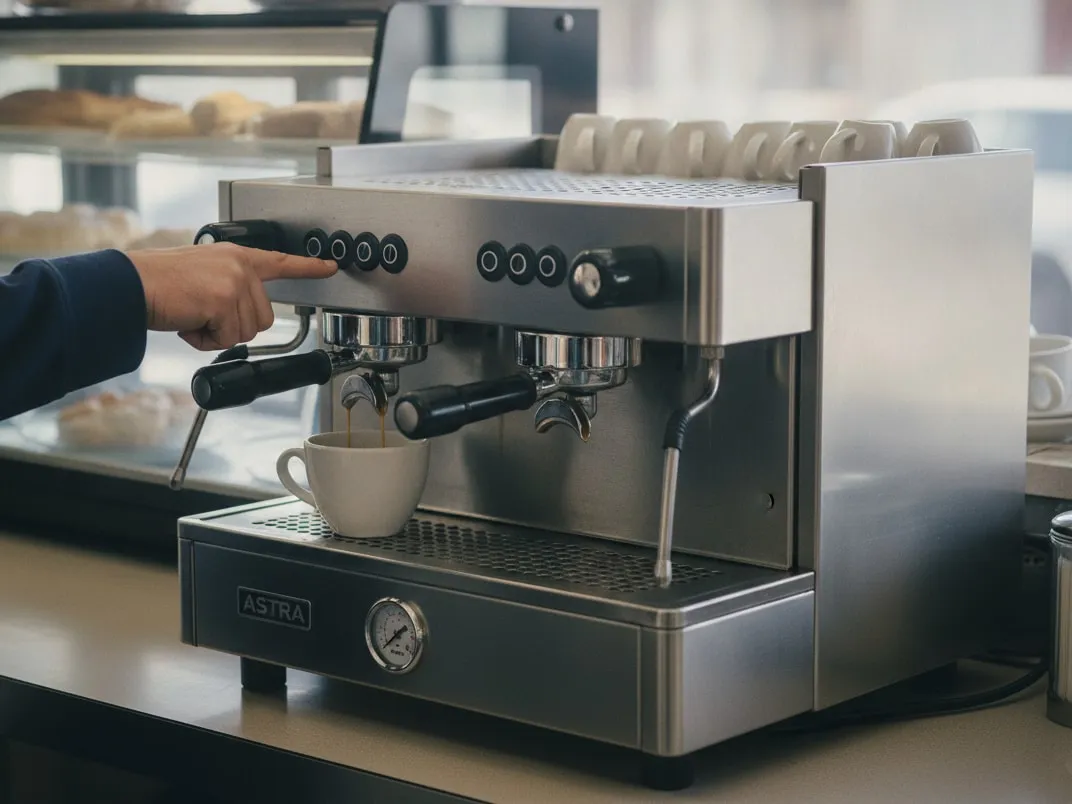 Hands at a Astra espresso machine: one finger on a dosing button above the group, a cup under the spouts