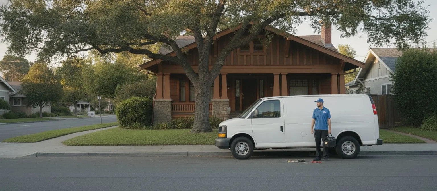 White service van at the curb outside a Craftsman house with oaks in a San Jose neighbourhood, technician holding a tool bag, cap and tools on the ground