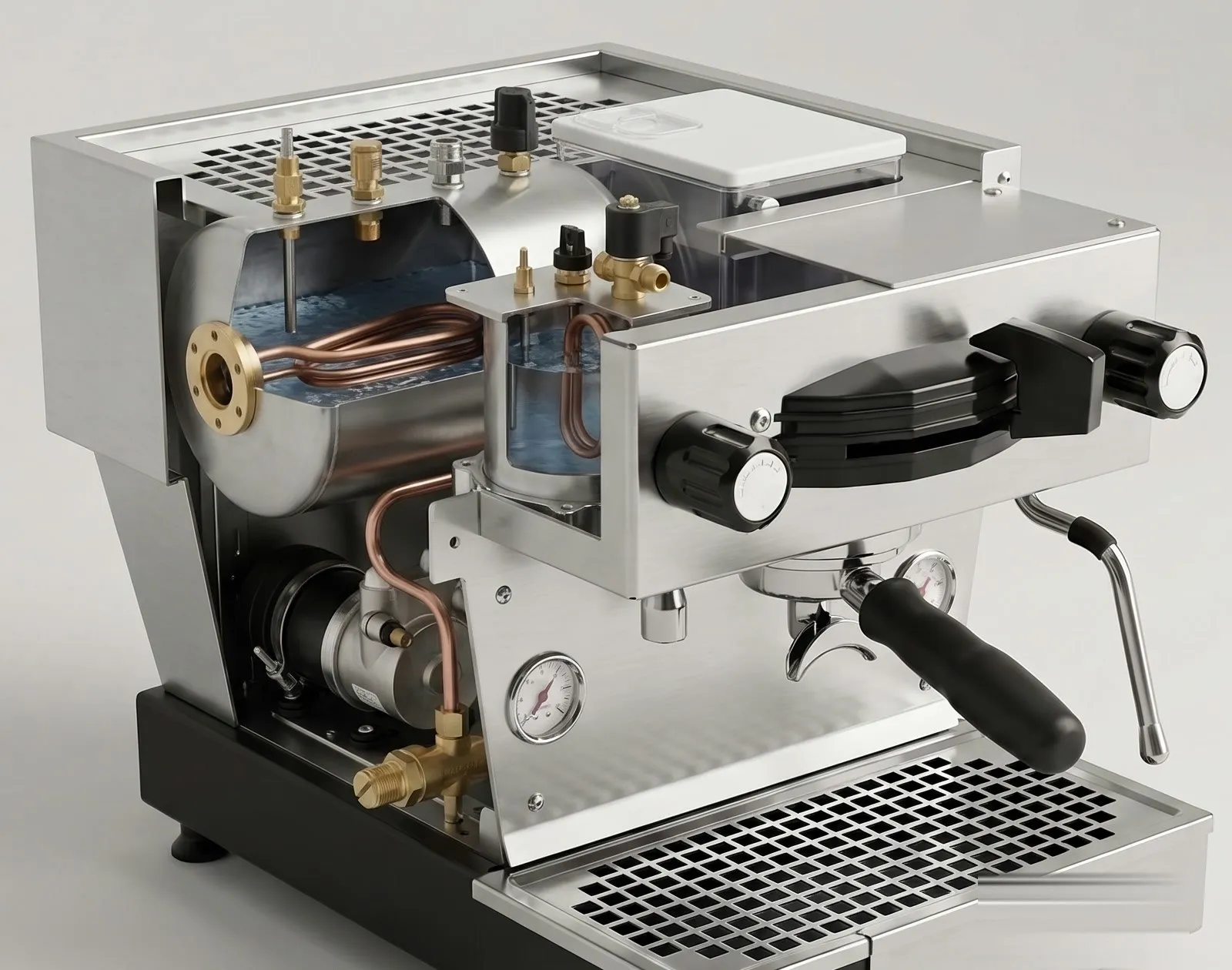 La Marzocco Linea Mini with the left side of the casing cut away: the horizontal steam boiler with a window cut into it, the small integrated group boiler with its own window standing on the group, the rotary pump and motor below, the expansion valve behind the drain box and the reservoir at the back