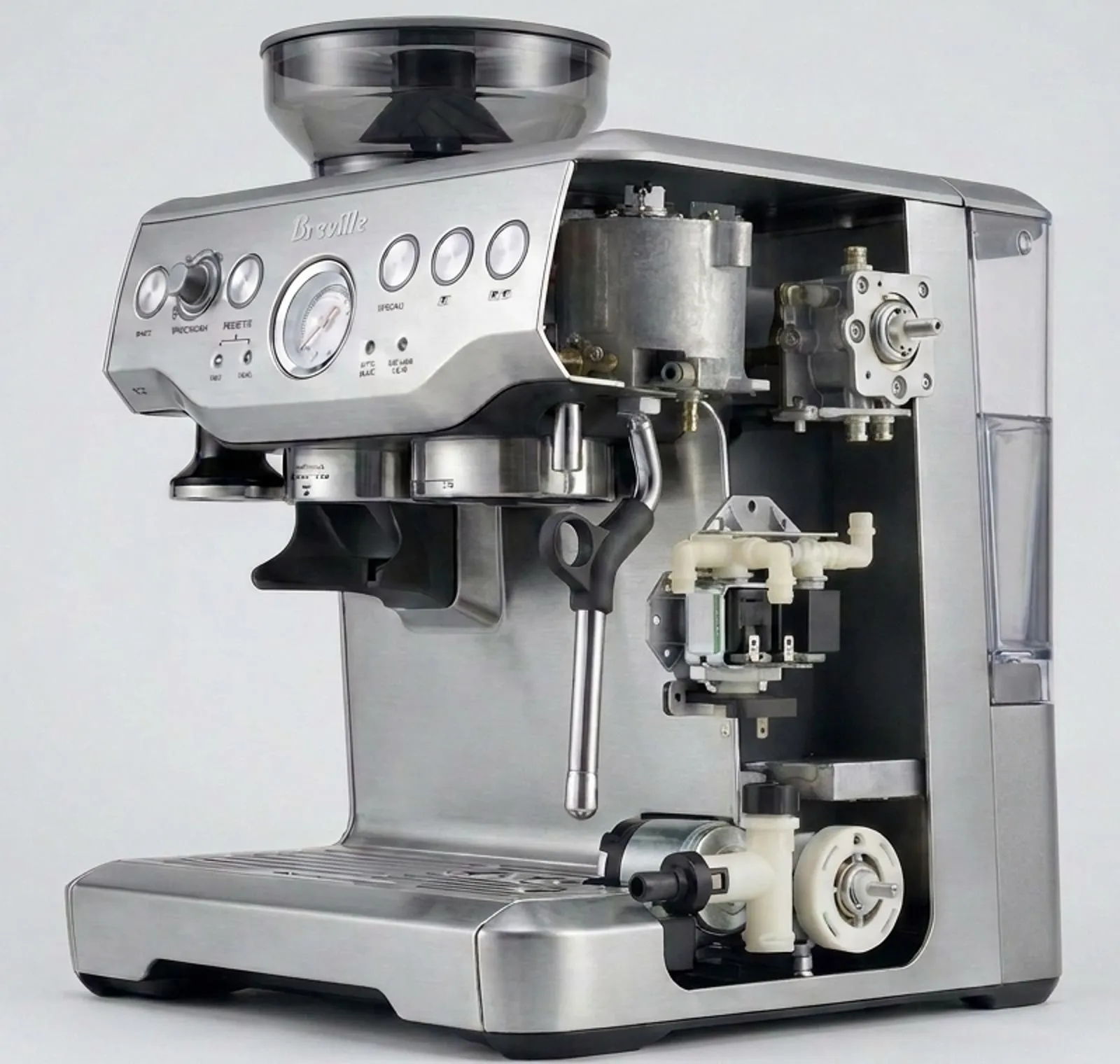 Breville Barista Express with the right side of the casing cut away: thermocoil, steam valve, solenoid block, pump with safety valve and flow meter in place