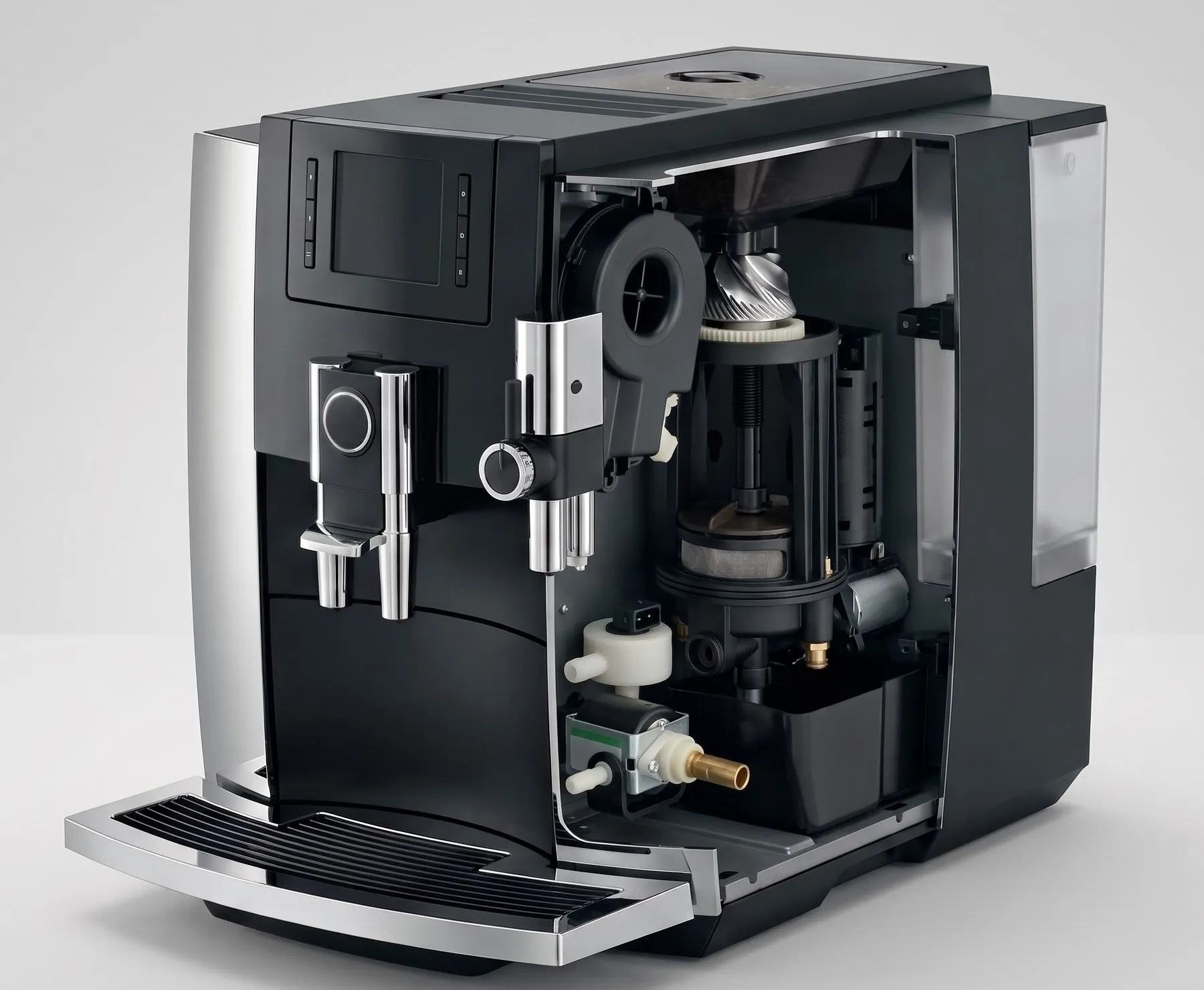 JURA E8 with the left side of the casing cut away: thermoblock, conical burrs, brew unit, gear motor, flow meter, pump, drainage valve and grounds container in place