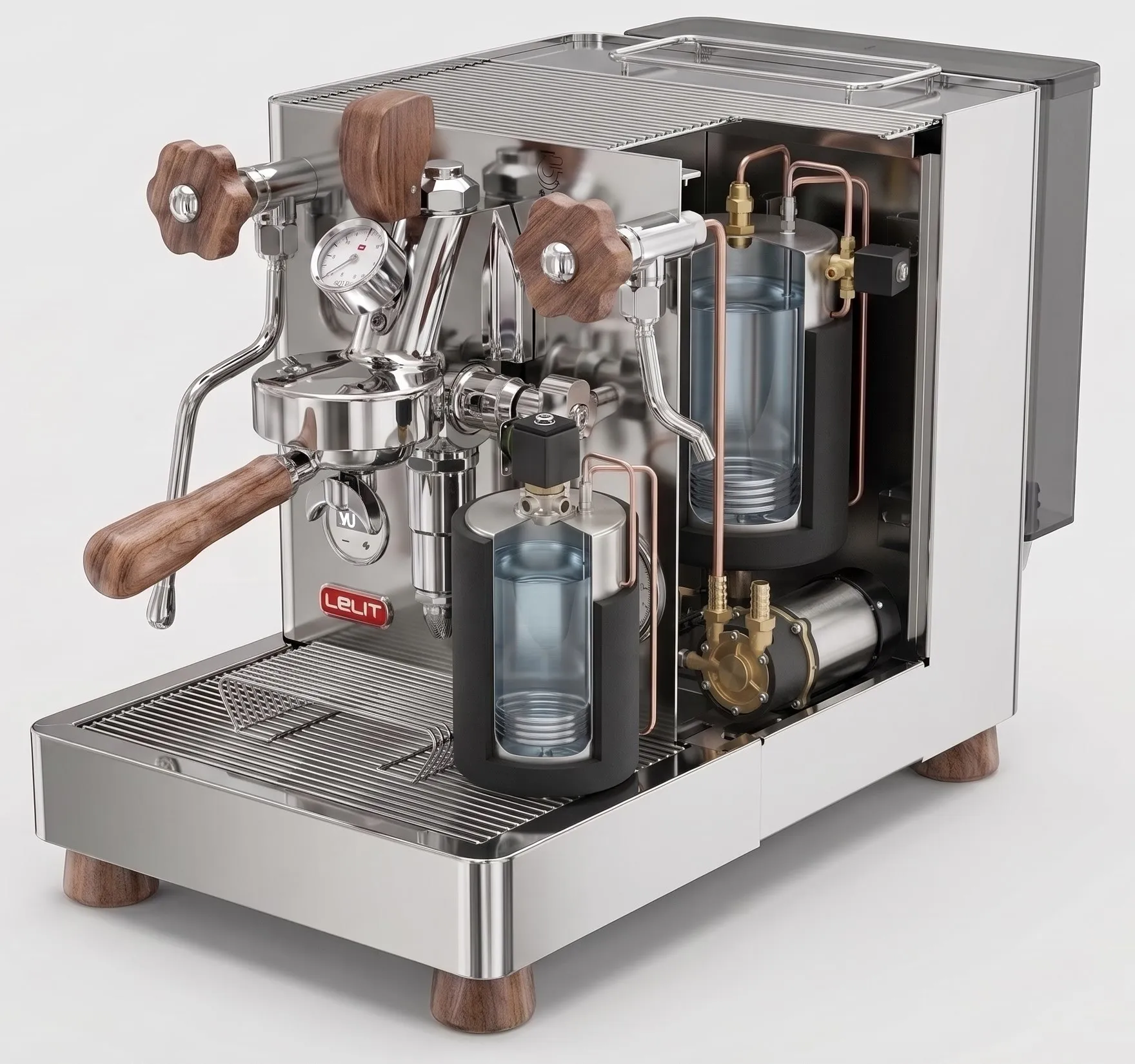 Lelit Bianca with the right side of the casing cut away: the insulated steam boiler and coffee boiler with windows cut into them, the brew solenoid, the rotary pump below, the external tank behind and the E61 group with its paddle on the front
