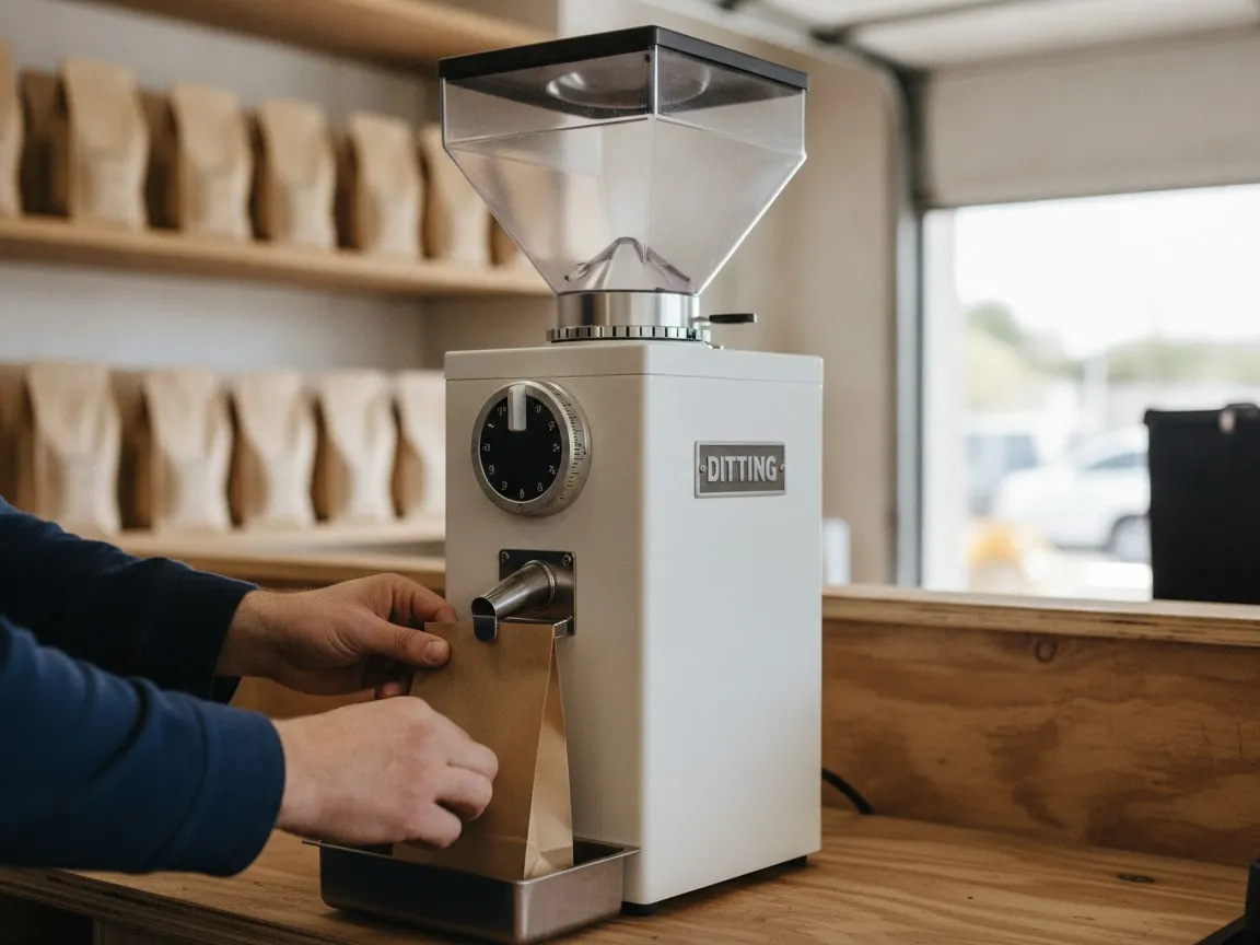 Hands at a Ditting grinder: one hand clipping a plain paper coffee bag onto the bag holder under the spout