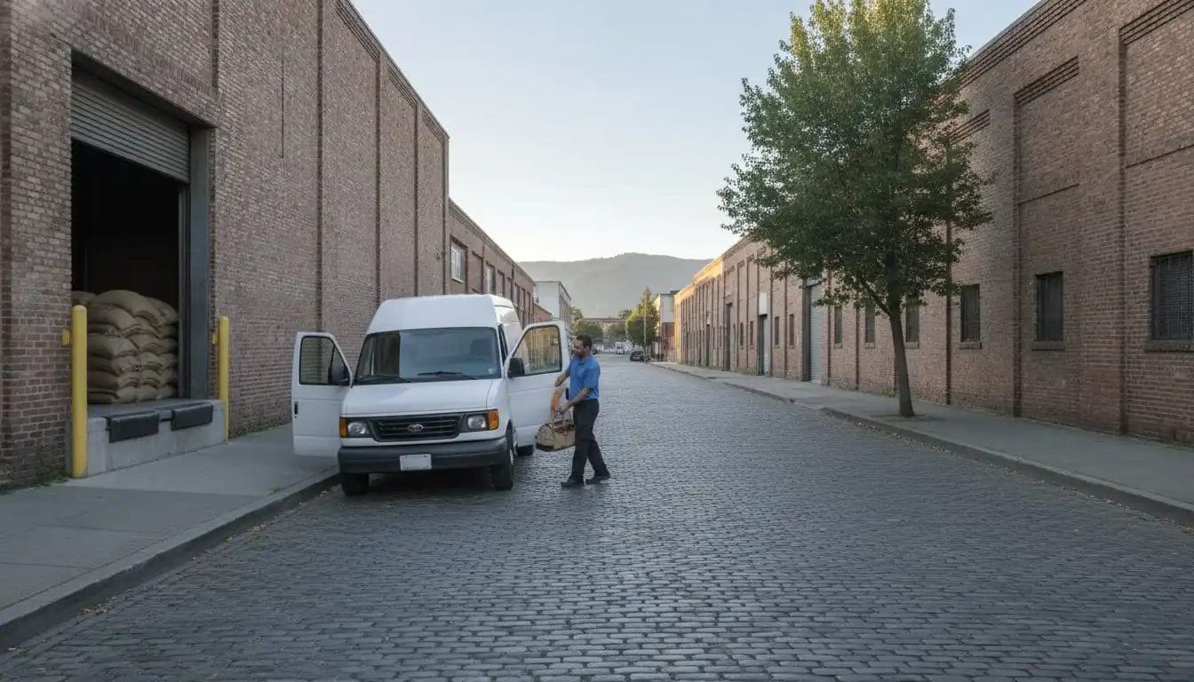 White service van parked on an Oakland street of brick warehouses and a roastery door, technician lifting a tool bag from the side door