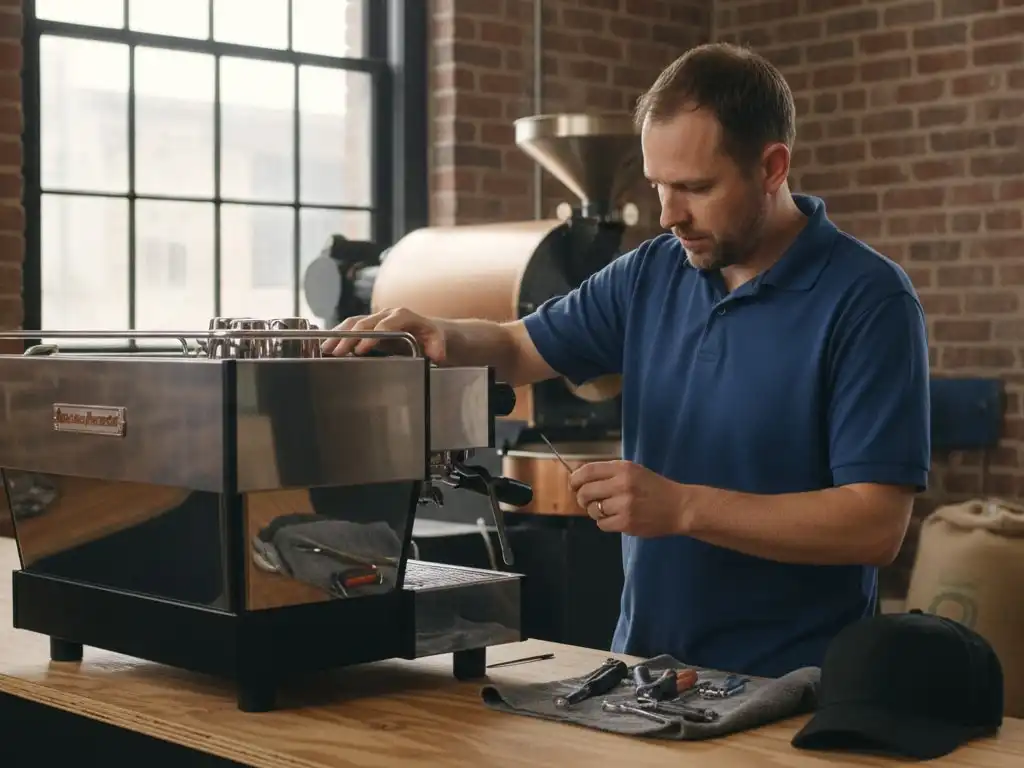 Technician at a two-group espresso machine in an Oakland roastery cafe with exposed brick and a roasting drum behind