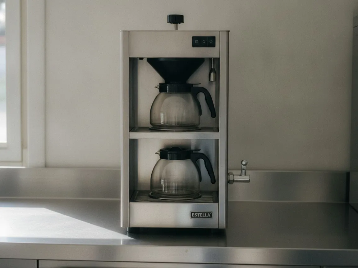 Stainless steel batch coffee brewer seen from the front, one glass decanter on an upper warming plate and one below, hot water faucet on the front face