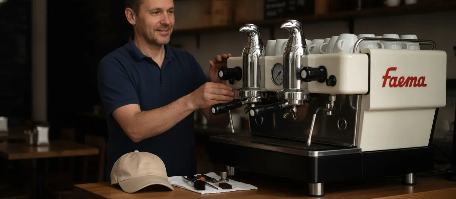 Faema E61 Legend on a cafe bar, technician at the group; cap and tools on the counter