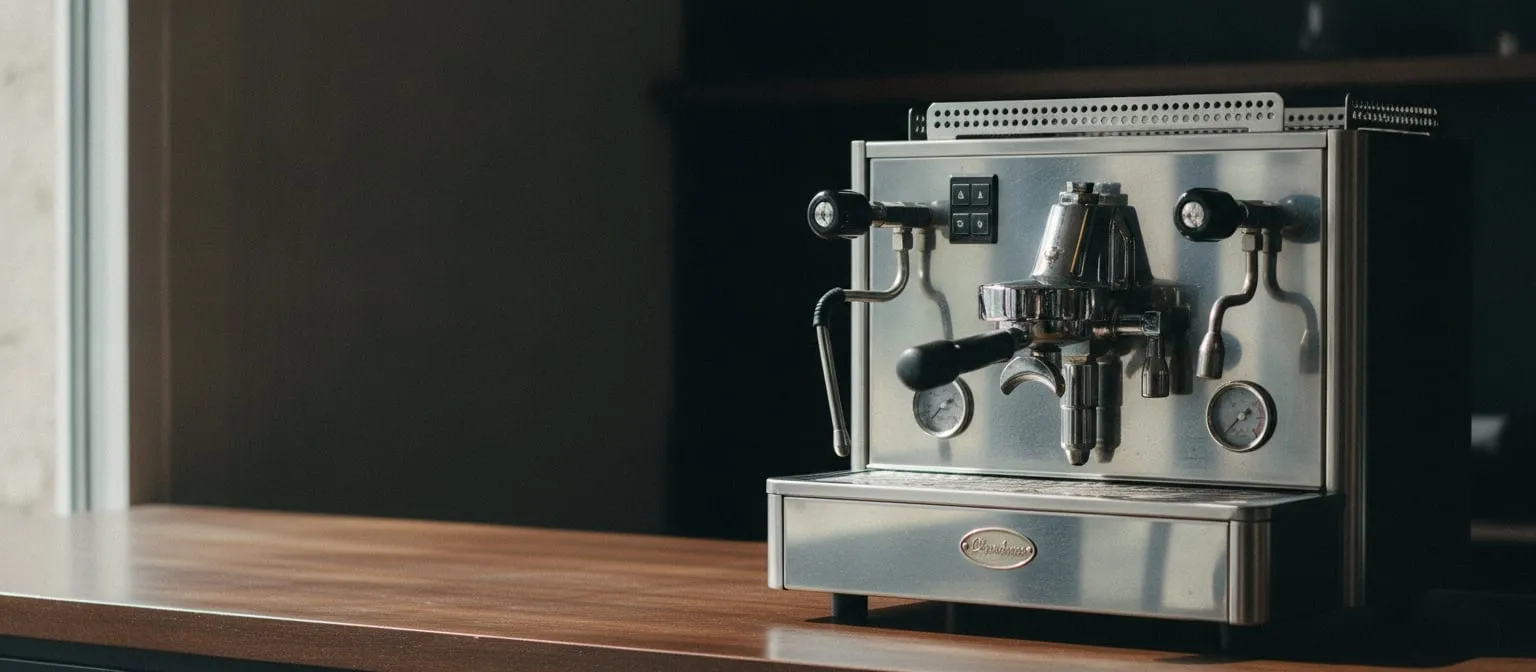 Single-group stainless steel espresso machine with an E61 group and a portafilter locked in, standing on a wooden cafe bar beside a window