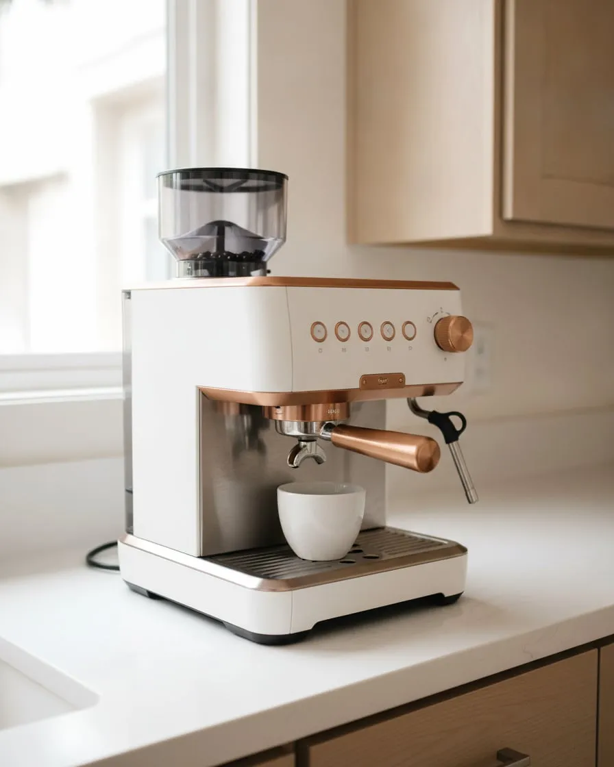 Matte white countertop espresso machine with copper accents on a kitchen counter, bean hopper on top, portafilter locked in, a cup on the drip tray