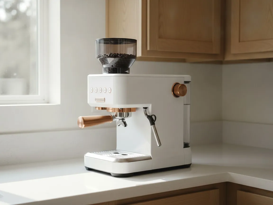 Matte white espresso machine seen from the right, steam wand in the foreground, copper-toned portafilter handle and side knob