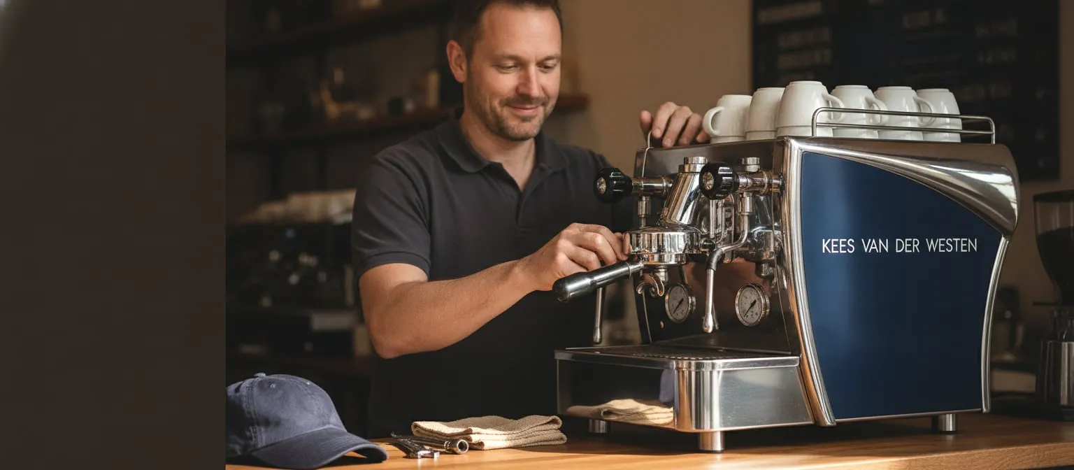 Kees van der Westen Speedster on a cafe bar, technician at the group; cap and tools on the counter