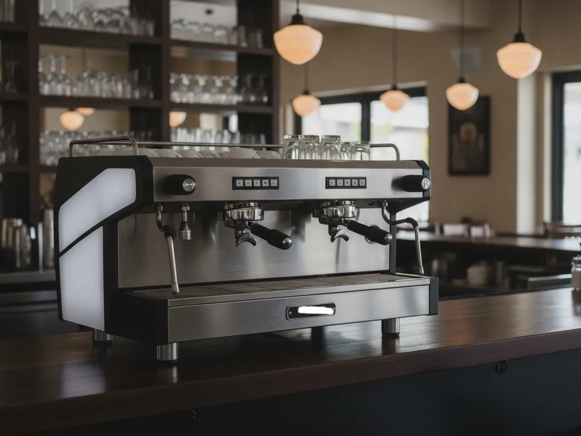 La Cimbali two-group espresso machine on a bar counter, portafilters locked in, nobody in frame