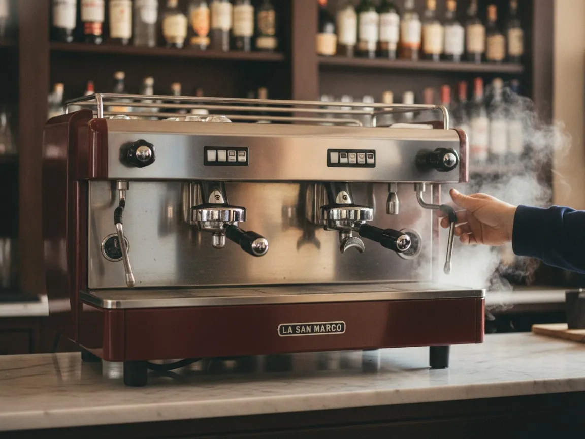 A hand at the steam wand of a La San Marco espresso machine, steam around the wand tip