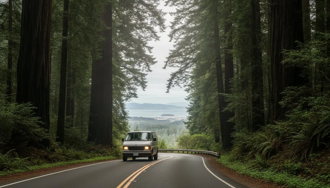 White service van on a two-lane road through coast redwoods in the Santa Cruz Mountains, fog in the trees