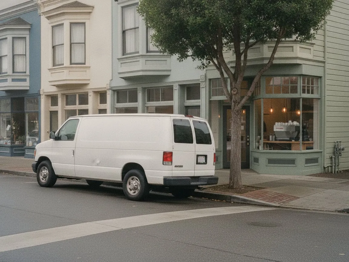 White service van parked at the curb in front of a small cafe on a Bay Area street of Victorian storefronts