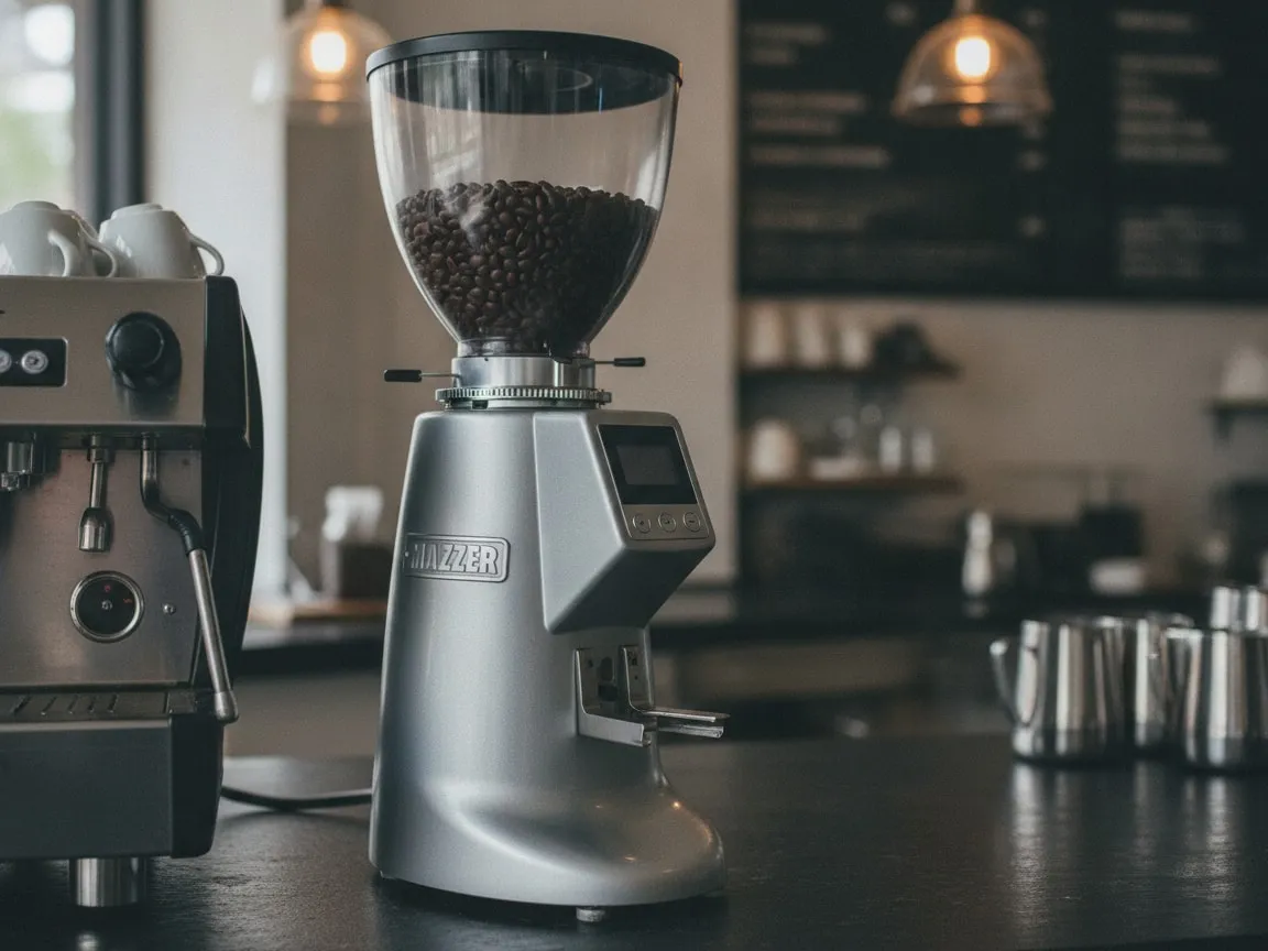 Mazzer espresso grinder seen at a three-quarter angle on a counter, nobody in frame