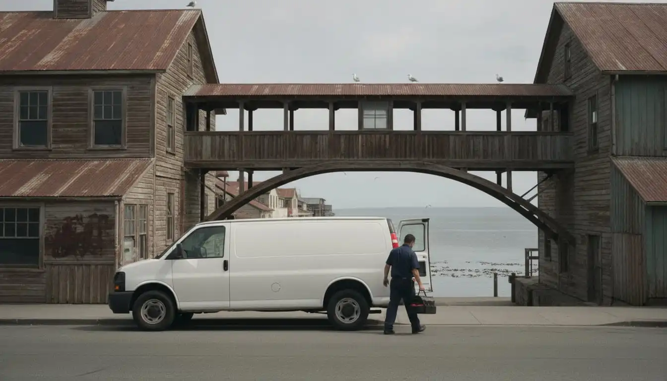White service van parked on Cannery Row in Monterey with the bay behind, technician lifting a tool bag from the side door