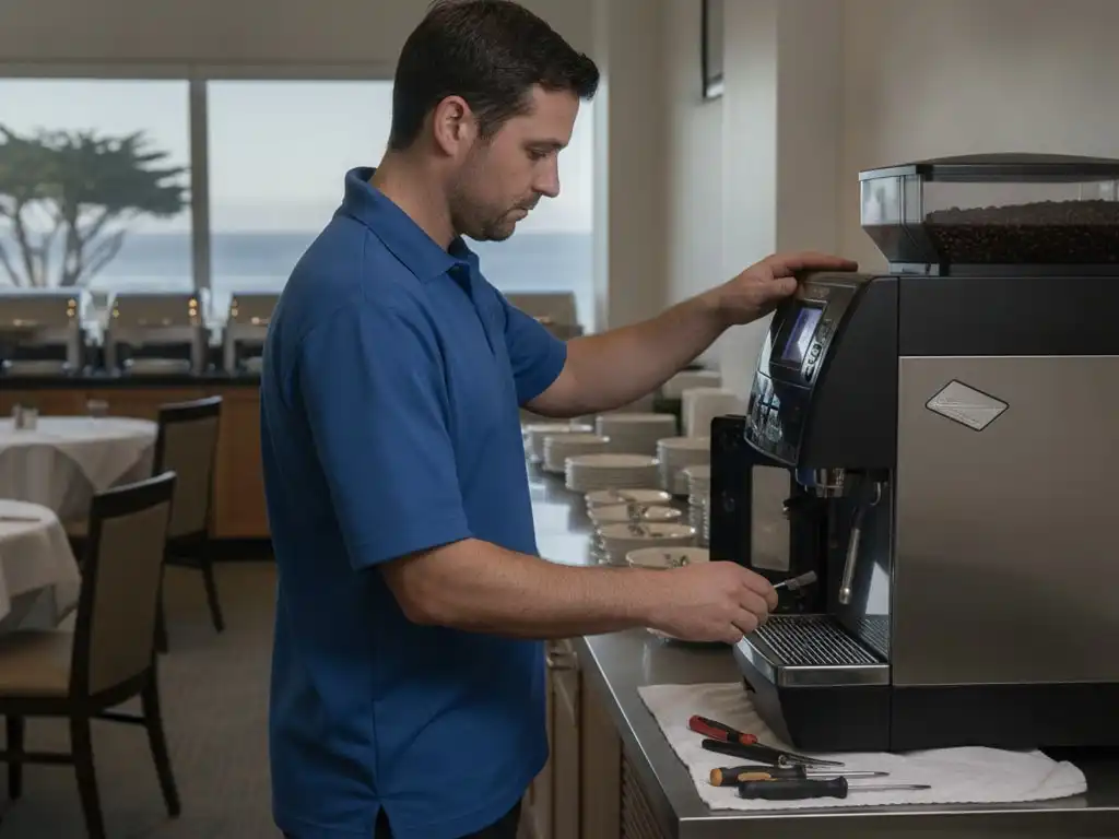 Technician at a commercial super-automatic coffee machine in a Monterey hotel breakfast room with a sea view