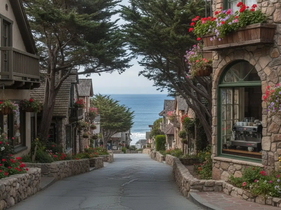 Monterey: Ocean Avenue in Carmel with cottages, cypresses and the sea at the end of the street, cafe window with an espresso machine