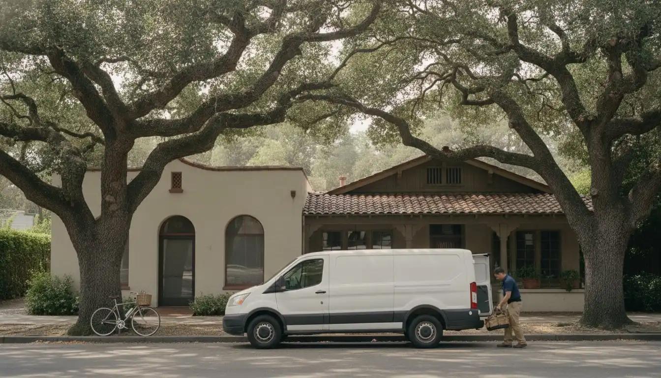 White service van parked under oaks on a Palo Alto street of low shops, technician lifting a tool bag from the side door