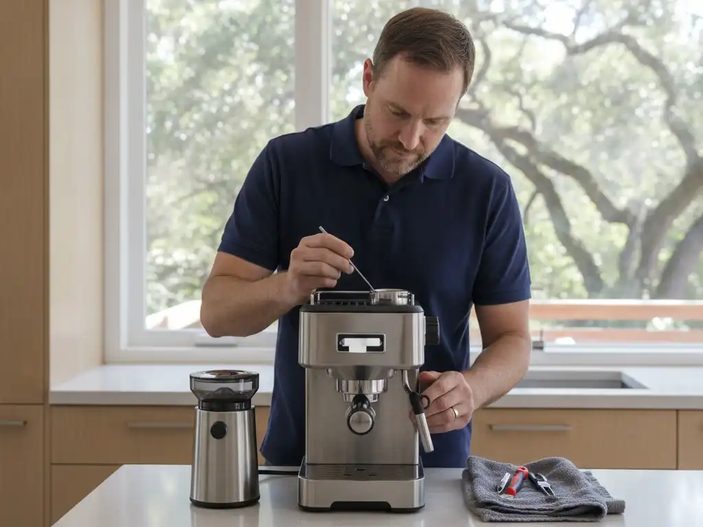 Technician at a compact espresso machine on a kitchen counter in a Peninsula home with a wide window onto a garden