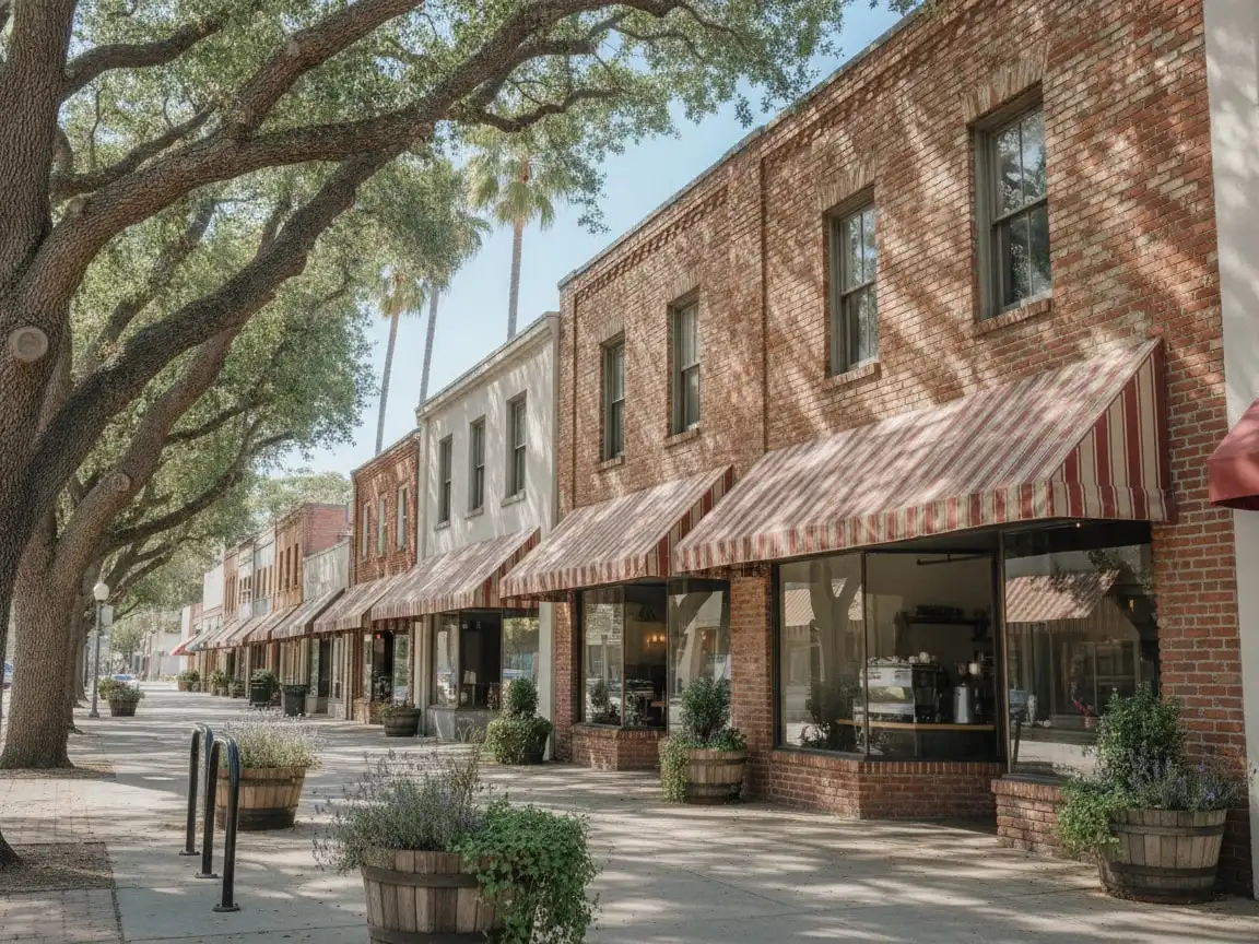 Peninsula: a downtown street of low brick and stucco shops under oaks and palms, cafe window with an espresso machine