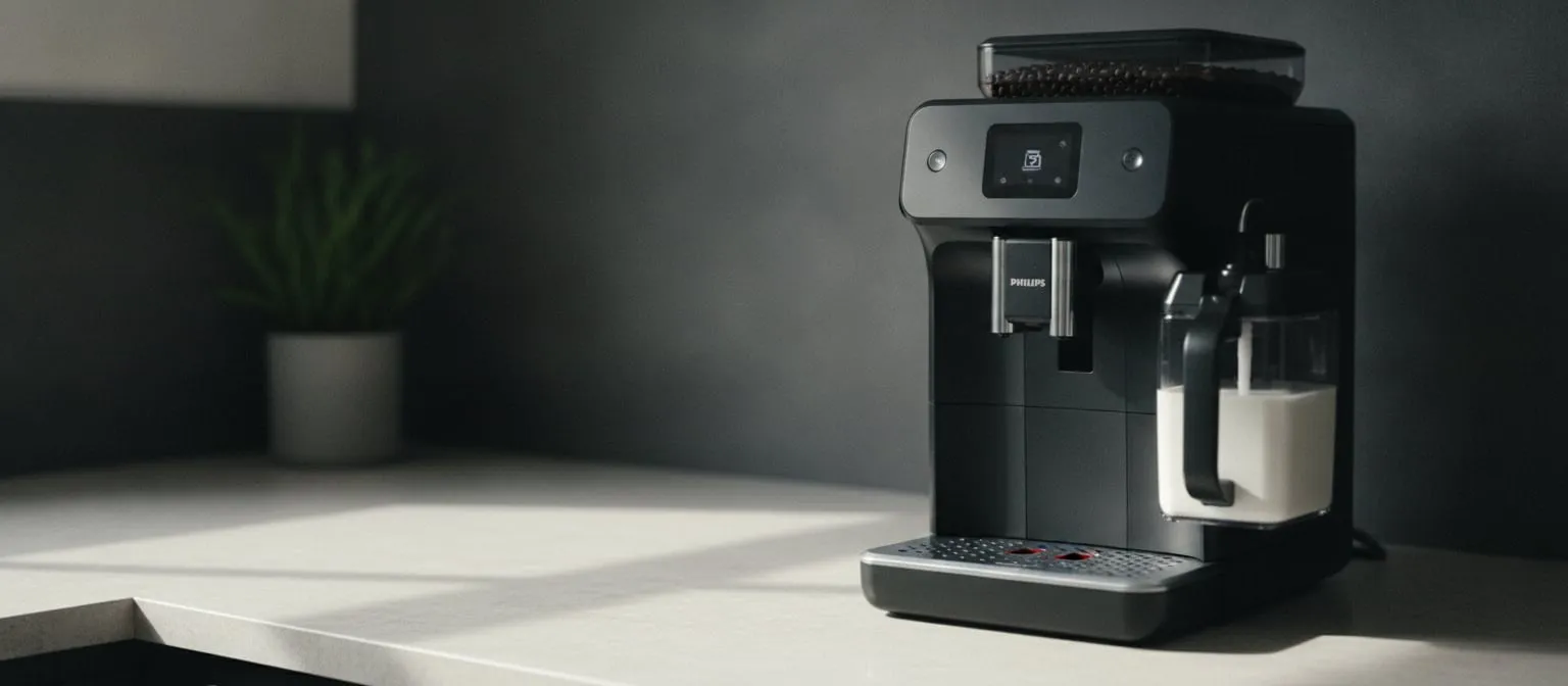 Compact black bean-to-cup coffee machine with a clear milk carafe clipped to the front, standing on a pale kitchen counter
