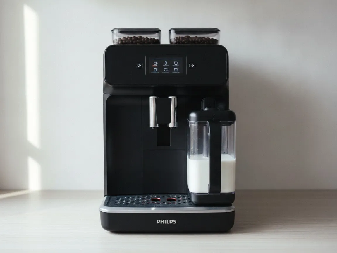 Black bean-to-cup machine seen from the front, height-adjustable twin coffee spout in the centre and a clear milk carafe part-filled with milk on the right