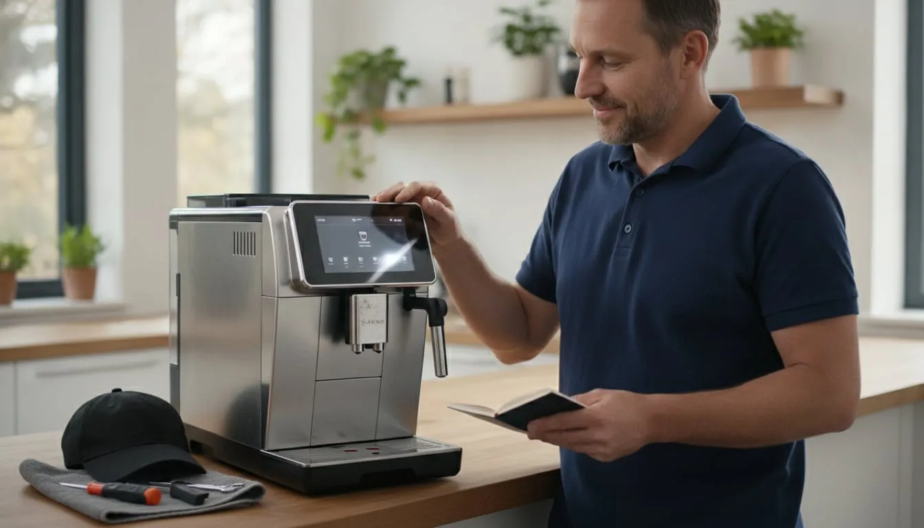 Saeco Xelsis on a kitchen counter, technician beside it at the display — full figure, machine fully in frame; cap and tools on the counter