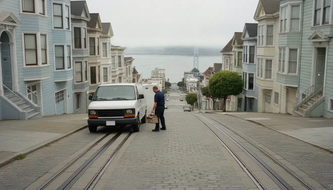 White service van parked on a steep San Francisco street of Victorian houses, technician lifting a tool bag from the side door