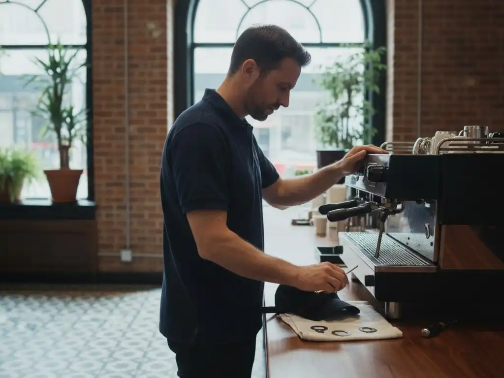 Technician at a three-group espresso machine in a San Francisco cafe with tall windows and a tiled floor