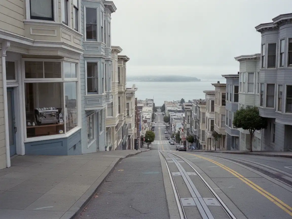 San Francisco: Victorian storefronts on a hill with a cable-car line and the bay below, cafe window with an espresso machine