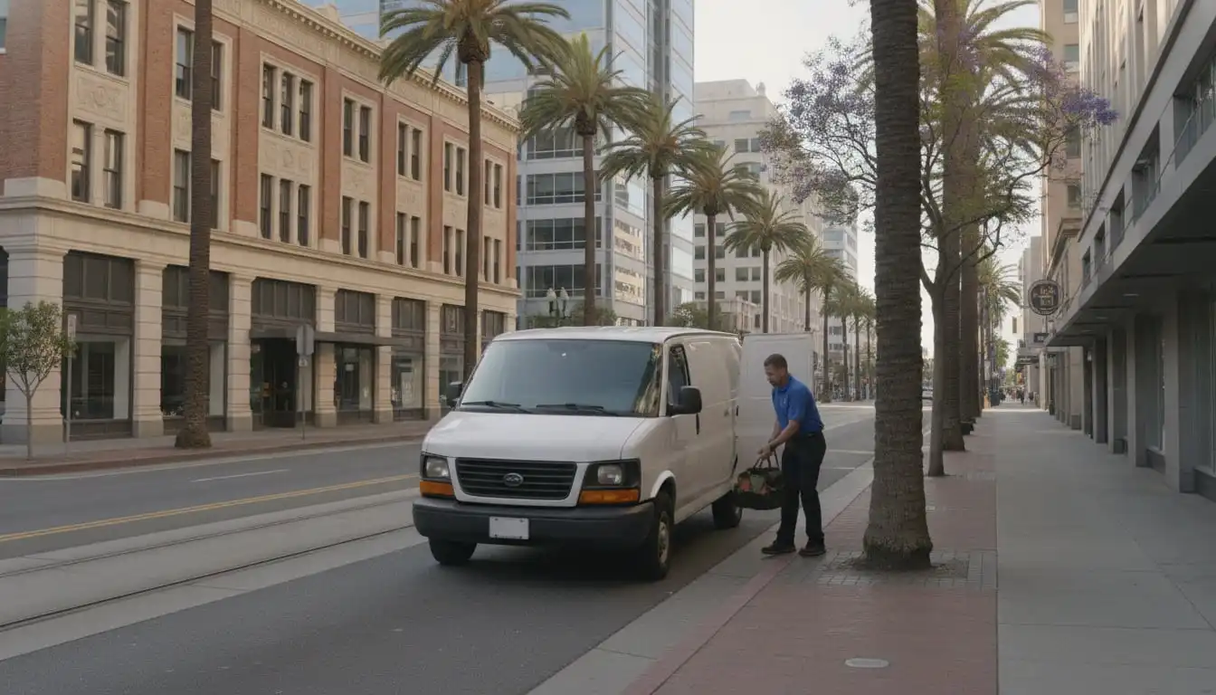 White service van parked on a downtown San Jose street with palms and mid-rise offices, technician lifting a tool bag from the side door