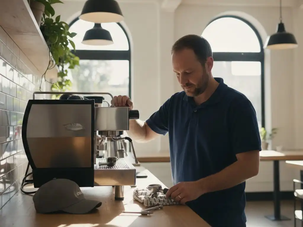 Technician at a two-group espresso machine in a bright San Jose cafe with a long wooden counter
