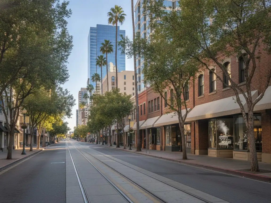 San Jose: tree-lined downtown street with cafes, light-rail tracks and office towers, cafe window with an espresso machine