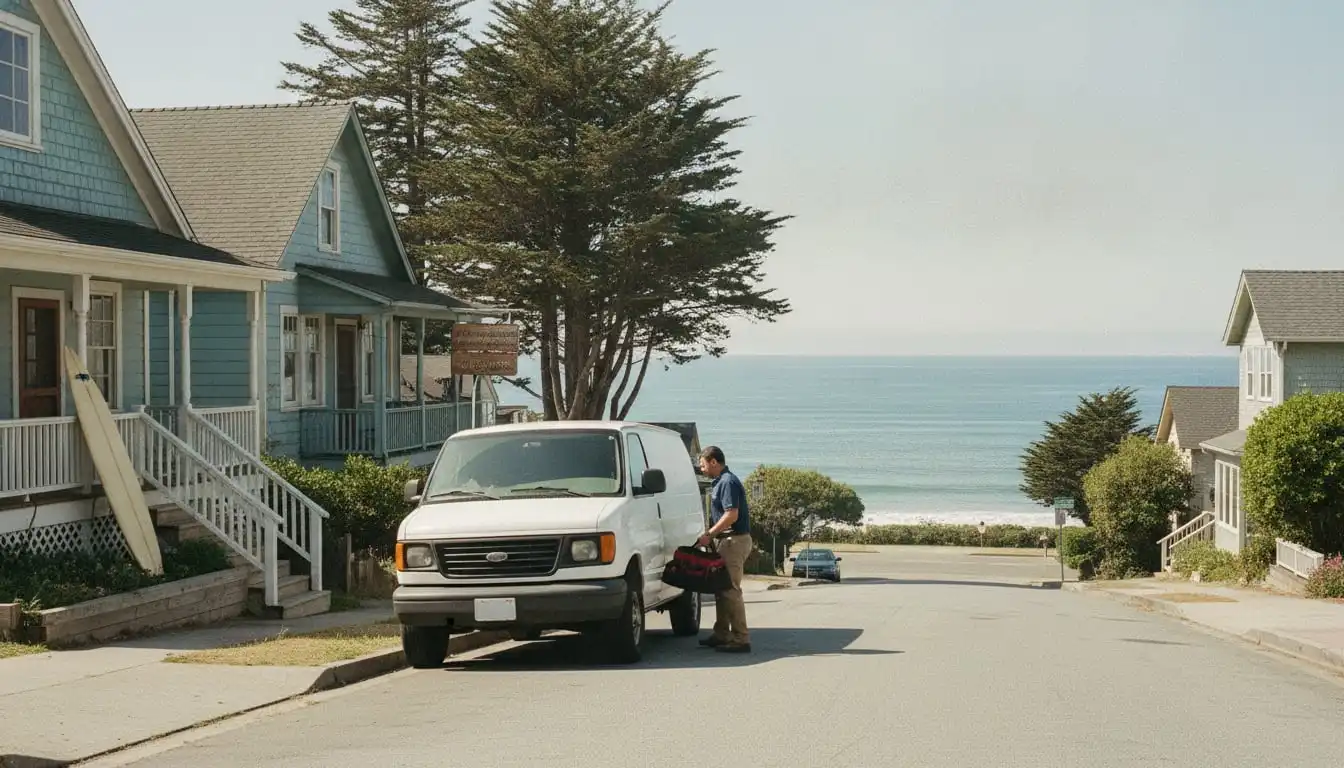 White service van parked on a Santa Cruz street with redwoods and the ocean at the end of it, technician lifting a tool bag from the side door