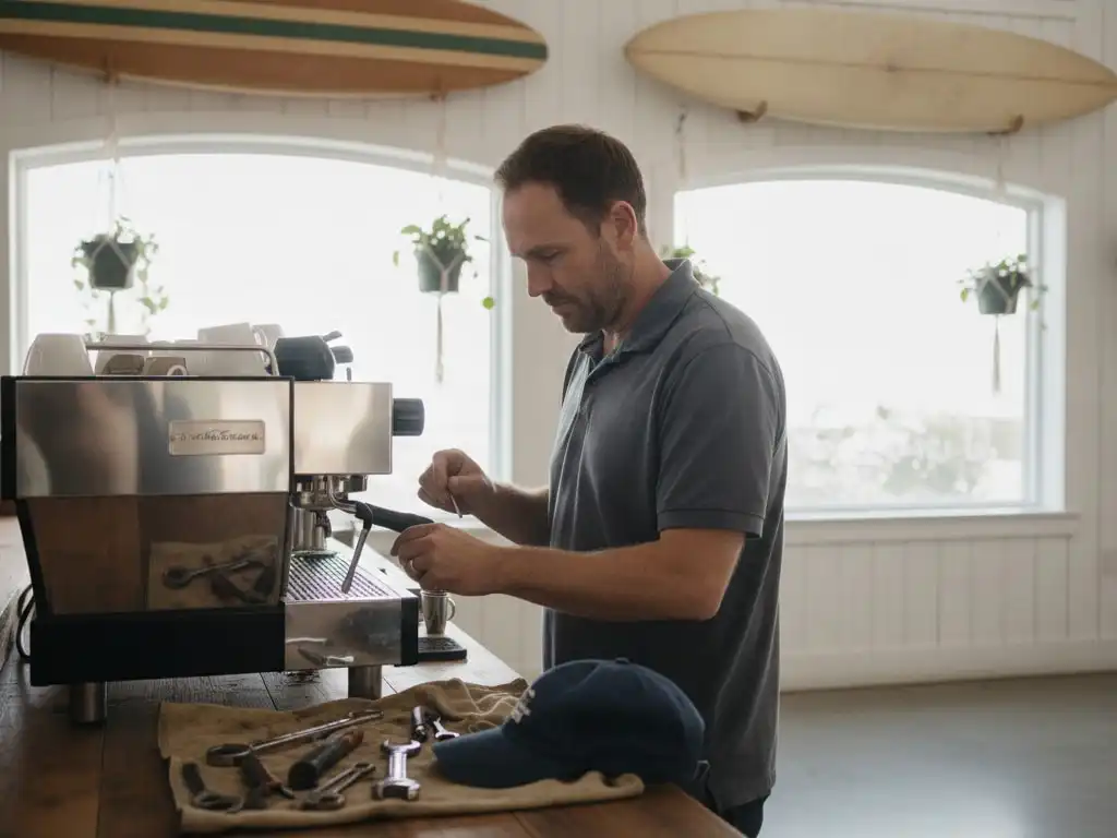Technician at a two-group espresso machine in a Santa Cruz roastery cafe with surfboards on the wall