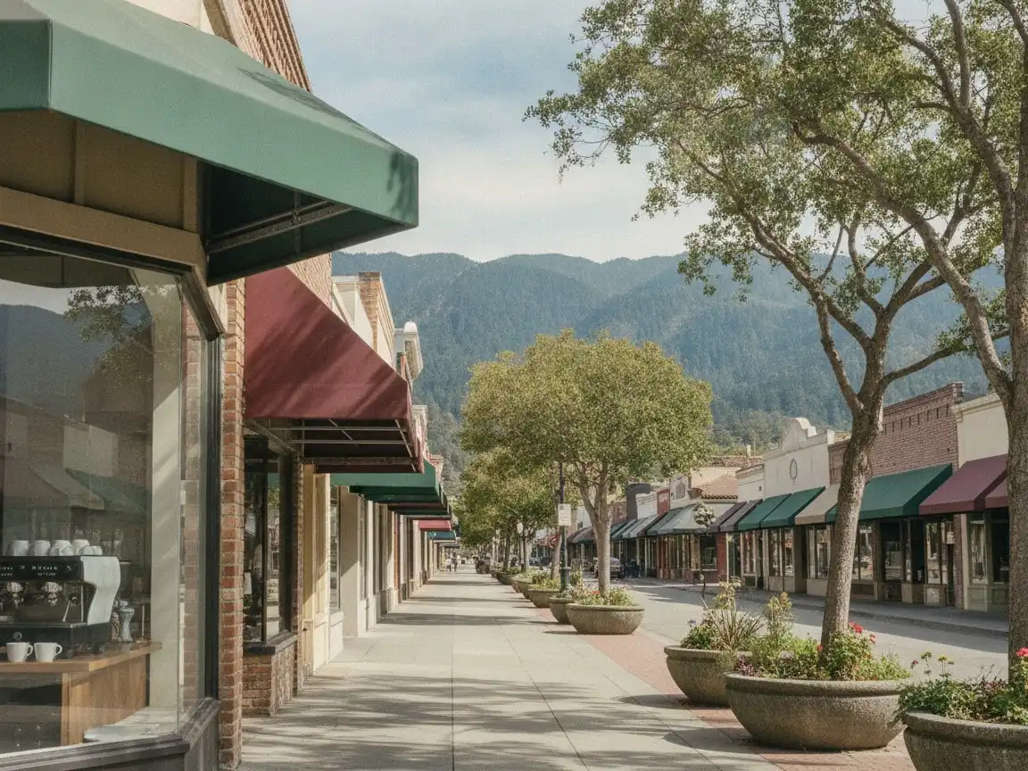 Santa Cruz: Pacific Avenue with low storefronts, street trees and the mountains behind, cafe window with an espresso machine