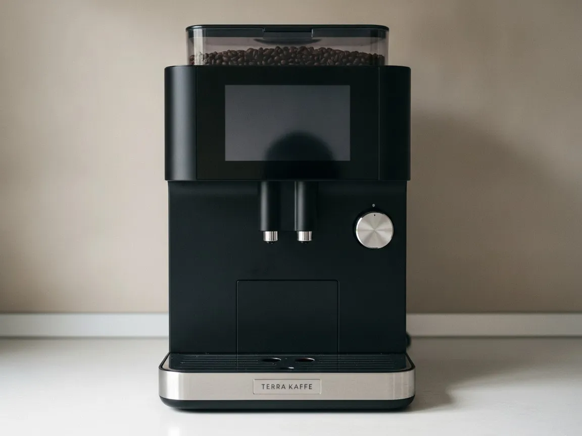 Matte black bean-to-cup machine on a white counter, transparent bean hopper under a sliding lid on top and a large glass touchscreen on the front