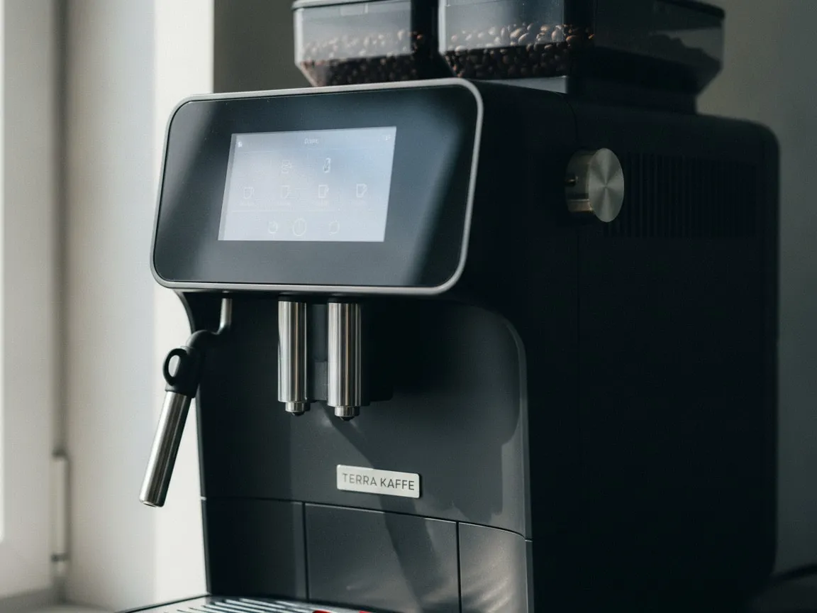 Close view of the glass touchscreen and the twin coffee spout of a matte black bean-to-cup machine, bean hopper visible above